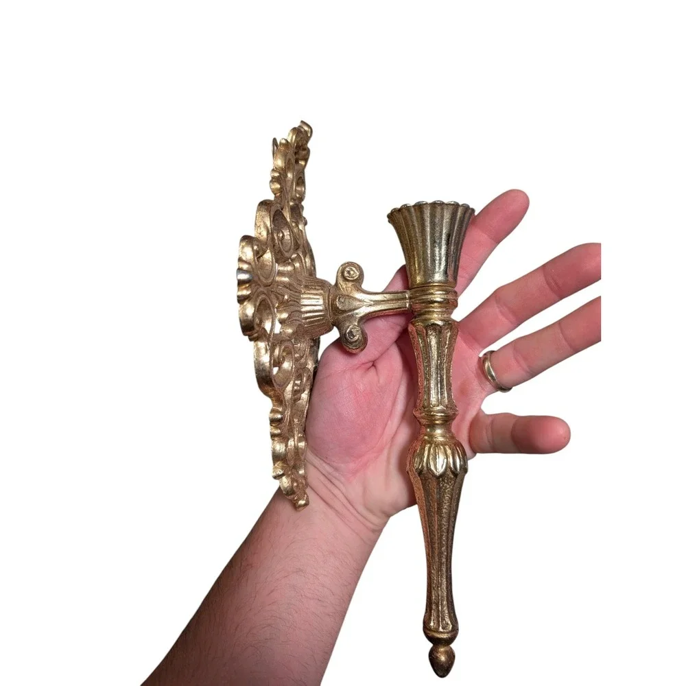 Vintage Ornate Brass Tone Metal Wall Sconce Rococo Filigree Candle Holder